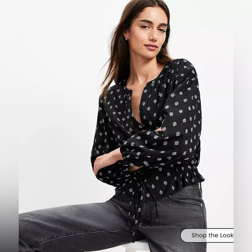 LOFT Black Patterned Drawstring Blouse ✨ NWT NWT - image 1